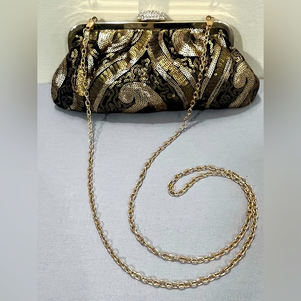 Lulu Townsend Black Gold Sequin Convertible Clutch Crossbody